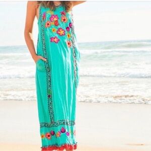 LULA SOUL Floral Embroidered Teal Boho Maxi Dress Size Medium